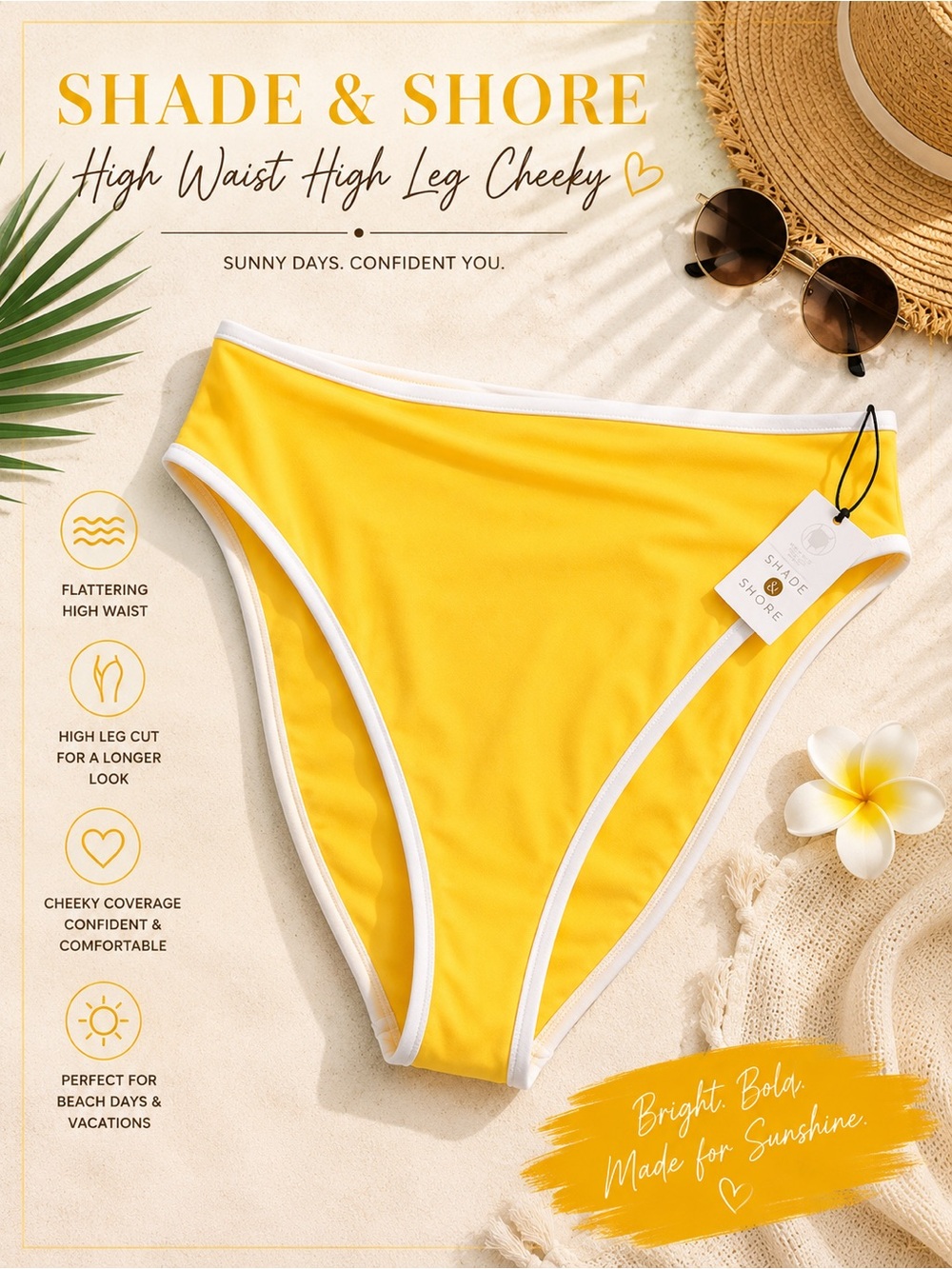 Shade & Shore Yellow Bikini Bottom with White Trim High-waist, High Leg XL NWT